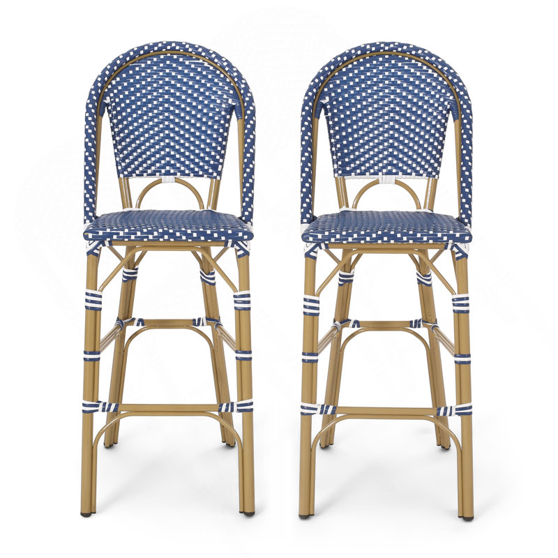 Tabouret de bar 29,5 po en rotin français d'extérieur, bleu sarcelle foncé et blanc, structure en aluminium avec finition en bambou (ensemble de 2)