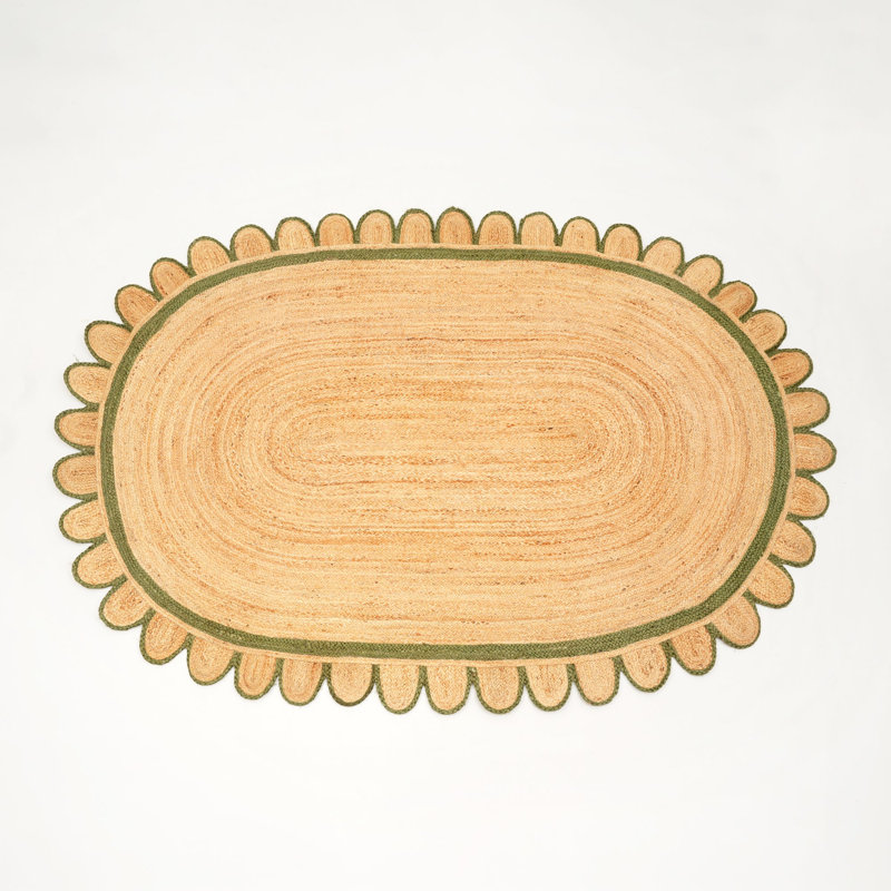 Tapis ovale en jute naturel à bords festonnés, Naturel / Vert, 10 pi x 8 pi