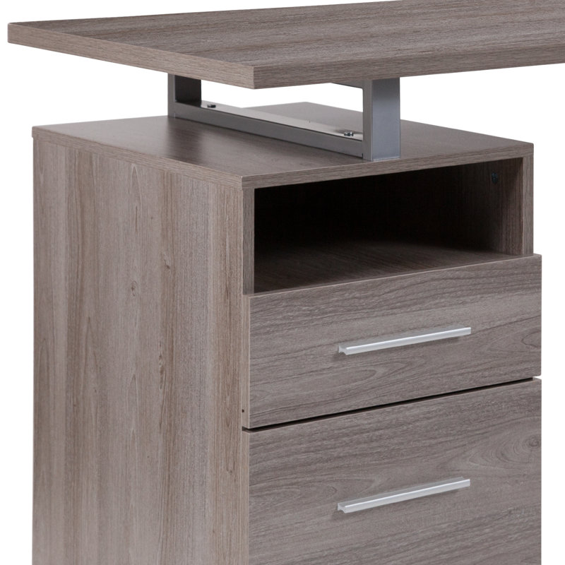 Light Ash Wood Computer Desk with Drawer and Silver Frame