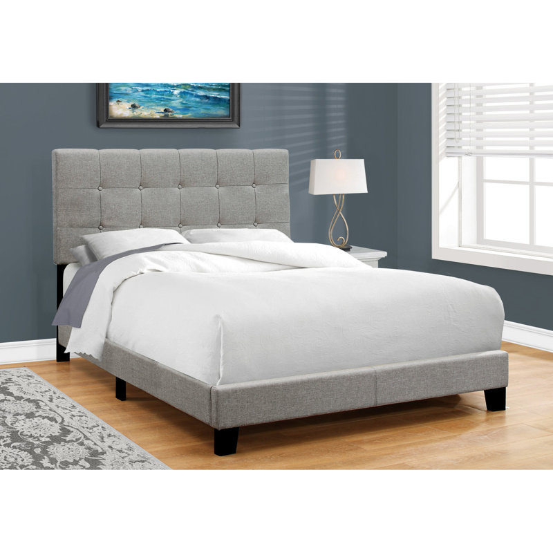 Full Size Bed With Grey Linen Upholstery And A Stable Frame Bedroom In Upholstered Fabric Padded Headboard