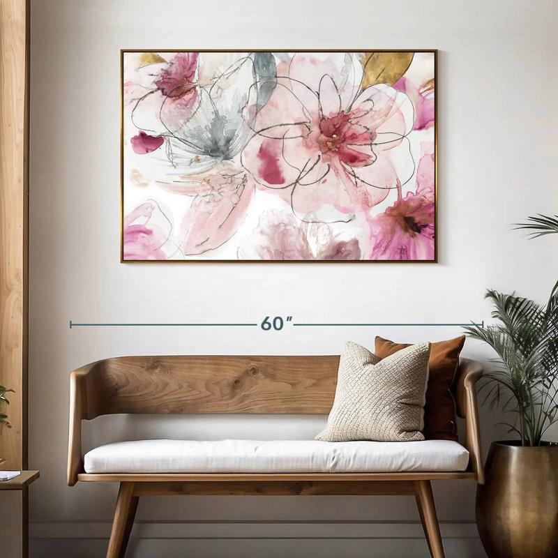 Joli floral en rose I, 46 po x 31 po, Cadre flottant doré