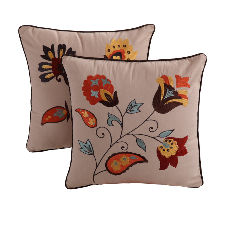 Gray and Beige Cotton Twin Quilt Set with Floral Embroidery