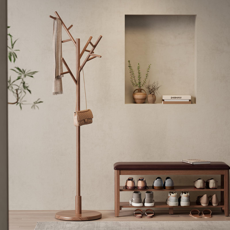 Coat Rack,Solid Wood Coat Rack Freestanding With 12 Hooks,Coat Tree Freestanding 3 Adjustable Heights, Walnut, Walnut