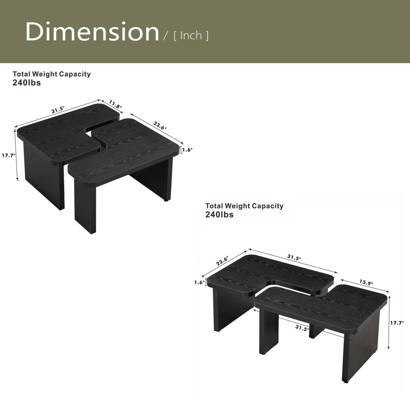 Table basse détachable en bois de 47,24 x 23,62 pouces et 35,43 x 31,49 pouces, table basse simple en forme de L pour la salle à manger
