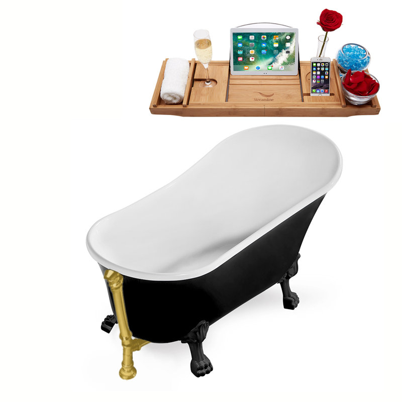 59" Streamline Clawfoot Soaking Acrylic Bathtub With Drain, Clawfeet, and Bamboo Tray, Matte Black, Brushed Gold