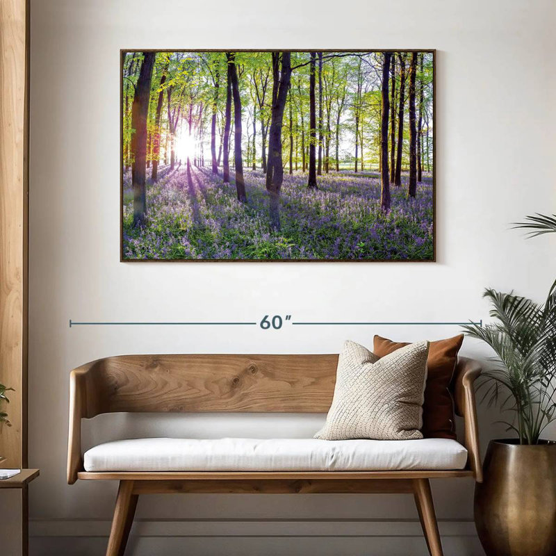 Bluebells and sunrise, 46 po x 31 po, Cadre flottant noyer