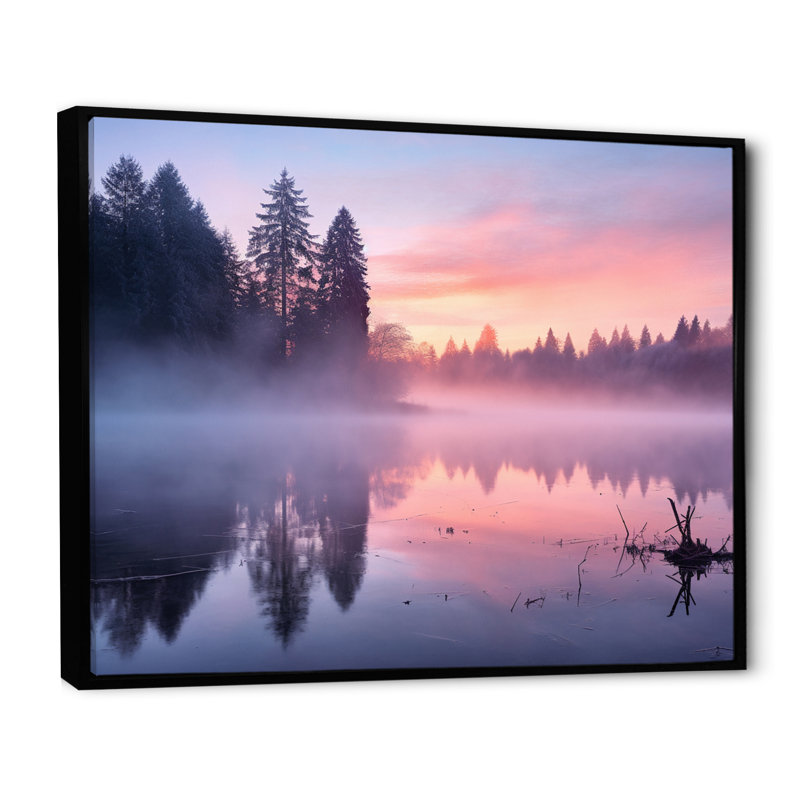 «Pastel Sunrise Misty Mountain Lake», reproduction sur toile, H 12 po x l 20 po x P 1 po, Cadre flottant noir