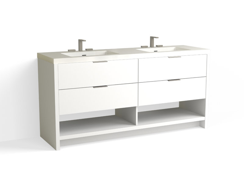 Vue 72" W Freestanding Double Bathroom Vanity, White Nanomatte, Satin Nickel, Glossy White/8" Widespread