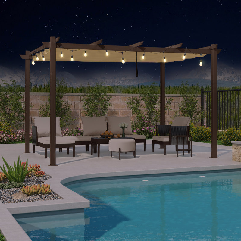 Metal Pergola with Canopy, 96.46" H x 143.7" W x 118.11" D, Khaki