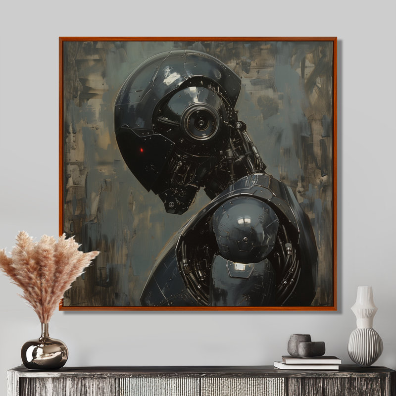 Art mural gris Robot majestueux - Robots, H 36 po x l 36 po, Cadre flottant brun
