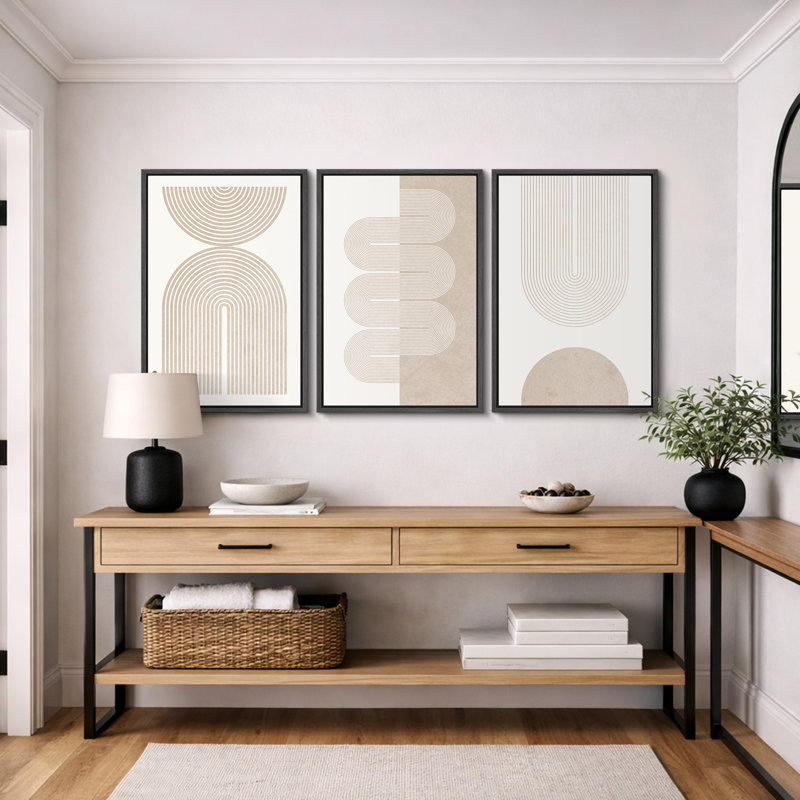 "Mid-Century Modern Boho" Duotone Beige Abstract Lines, H 24 po x l 48 po, Plastique noir