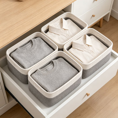 4-Pack Decorative Storage Baskets For Organizing, Small Woven Fabric Bins For Shelves, Closet, Cabinet & Home Office, Sturdy Square Design For Multi-Purpose Use