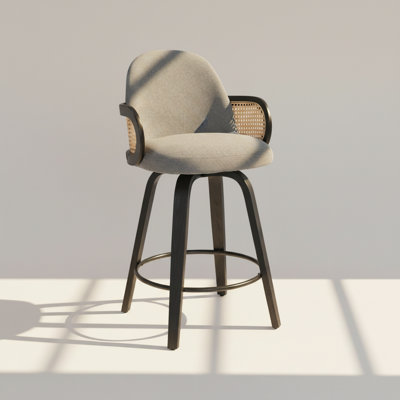 26" Modern Swivel Counter Height Bar Stool with Cane Back, Upholstered Performance Fabric Seat, Bentwood Frame & Metal Footrest, Dark Gray – Ava by Pipp & Liv (Single)