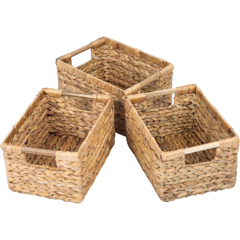 Water Hyacinth Storage Basket With Handle, Rectangular Wicker Basket For Organizing, Decorative Wicker Storage Basket For Living Room, Medium Wicker Basket - 3 Pack Medium