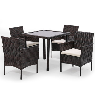 5 Piece Patio Outdoor Dining Set, Wicker 4 Rattan Chairs, Square Tempered Glass Table and Cushions -  Red Barrel StudioÂ®, 8967C564655142EC8CB2DF7FE9374DC1