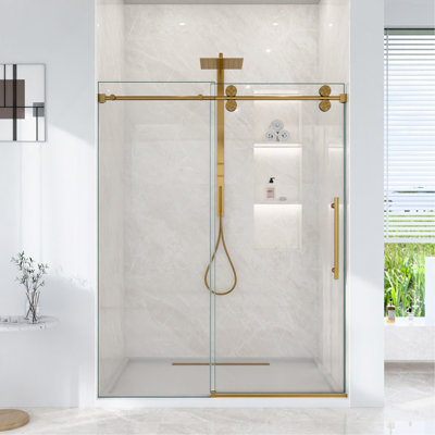 56"-60"W*72"H Frameless Single Sliding Shower Door – 5/16" (8mm) Clear Tempered Glass, Bypass Design with Brushed Gold Finish