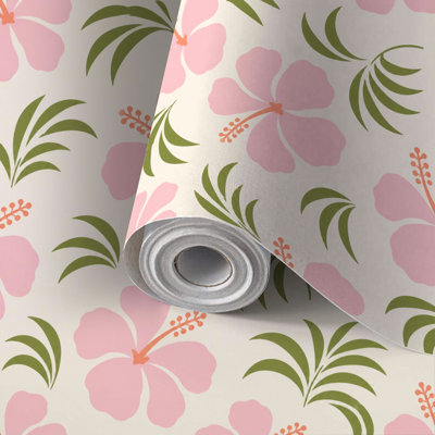 Papier peint auto-adhésif adhésif et amovible, vert hibiscus rose, tropical, 118 po (300 cm)