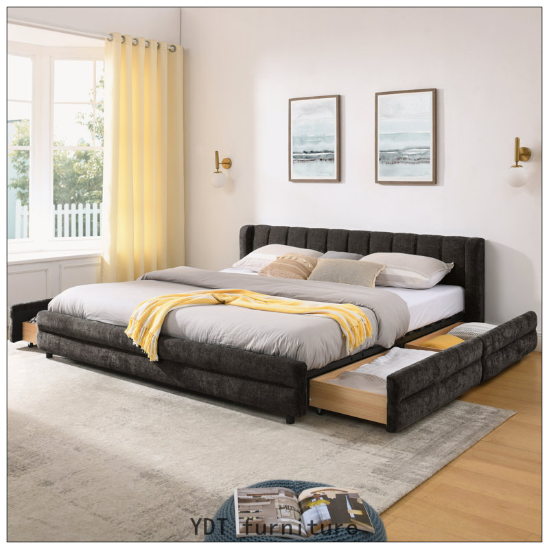 Très grand lit de rangement rembourré gris foncé, Très grand, Gris foncé
