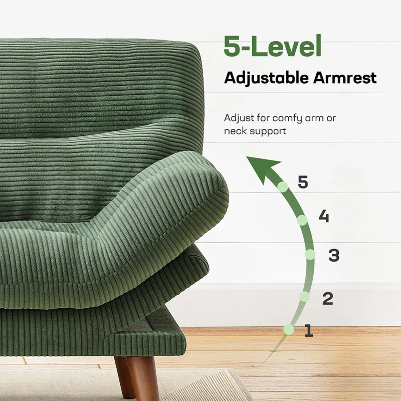 66”Convertible Futon Sofa Bed with Adjustable Backrest and 5-Level Armrests, Corduroy Futon Couch ,Sleeper Sofa Loveseat for Small Spaces, Apartment or Office,Green