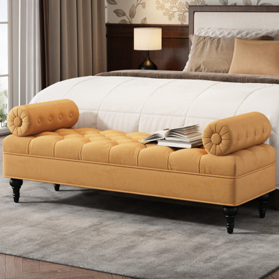 Repose-pieds jaune moderne, banc rembourré en velours avec 2 coussins amovibles, conception de bout de lit, look élégant, base pour chambre à coucher, salon et entrée, style tendance, éponge haute densité