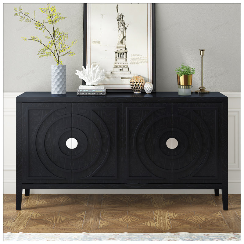 Élégante porte de buffet avec rainure circulaire et poignée ronde en métal pour diverses pièces, Noir
