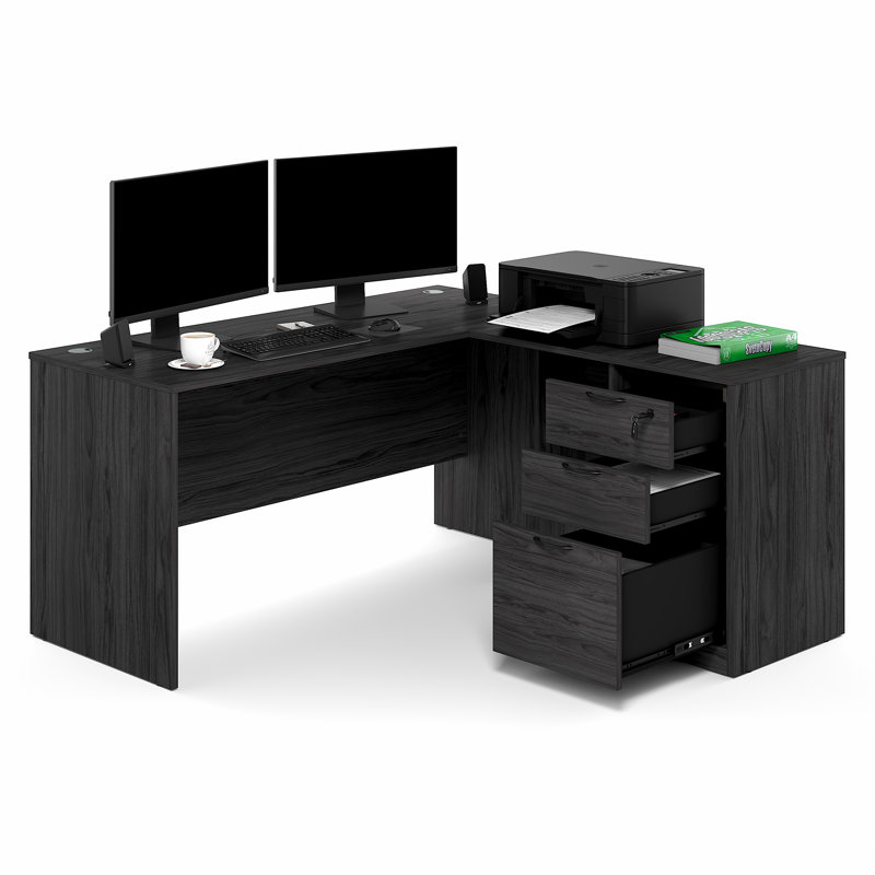 Furinno ROGER 60 Inch L-Shaped Executive Desk with File Cabinet, L-Shaped Office Desk with 3-Drawer Fixed Pedestal Filing Cabinet, Desk Cord Grommet, For Home Office, Coastal Grey