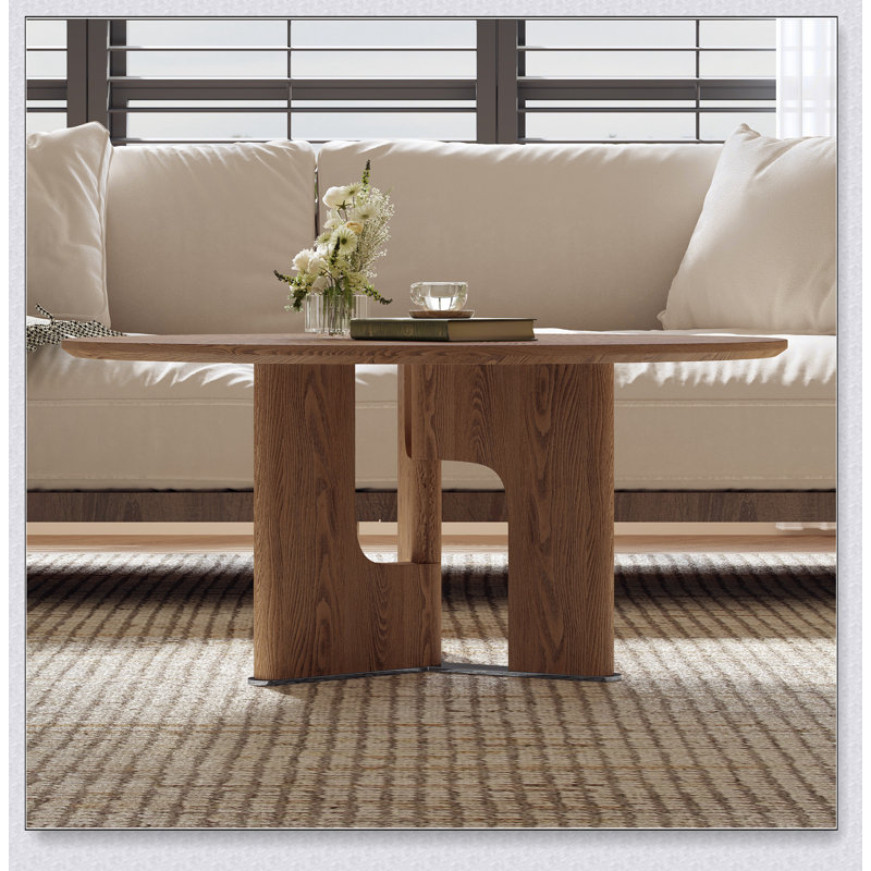 Table basse 31,5 pouces ronde en placage de bois de frêne rustique pour petits salons, élégante et de conception basse