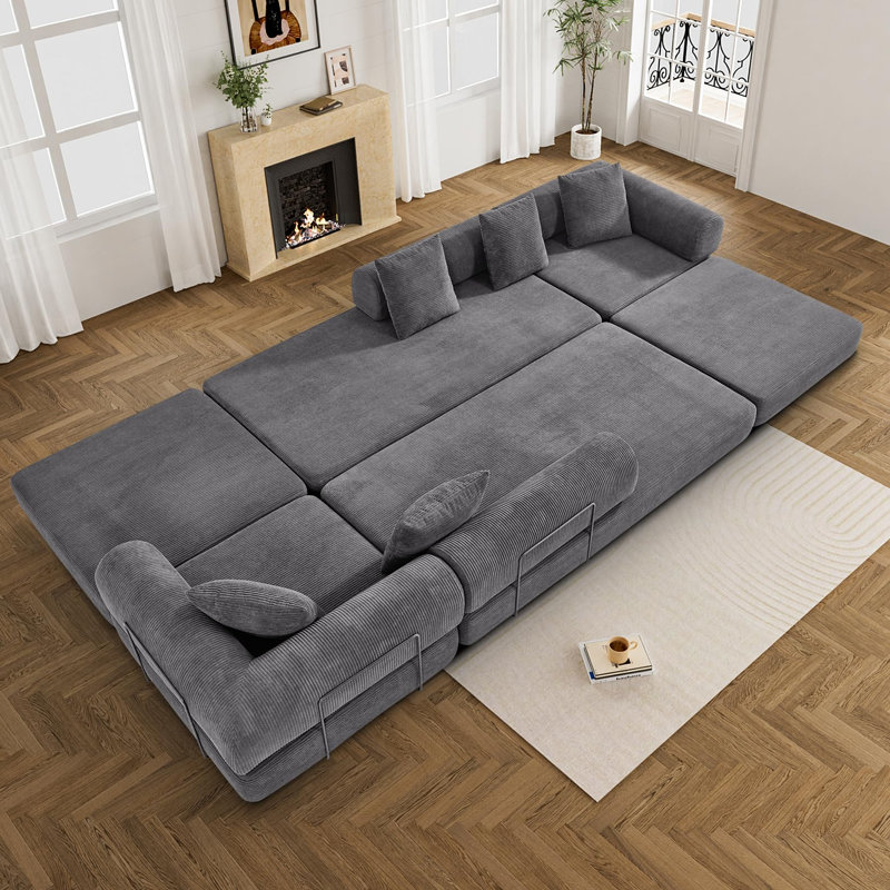Convertible Boneless Sectional Sleeper Sofa Bed Modular Compression Couch With Removable Back And Arm, Gray Corduroy 