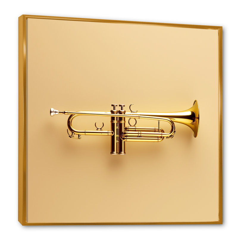 «Gold Trumpet Call», laiton audacieux sur toile, H 36 po x l 36 po x P 1,5 po, Cadre flottant doré