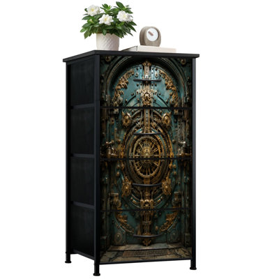 Commode pour chambre à coucher avec 4 tiroirs de rangement Steampunk Mécanique à porte à engrenages en laiton Commode en métal bleu sarcelle Commode en acier avec structure de placard pour vestibule