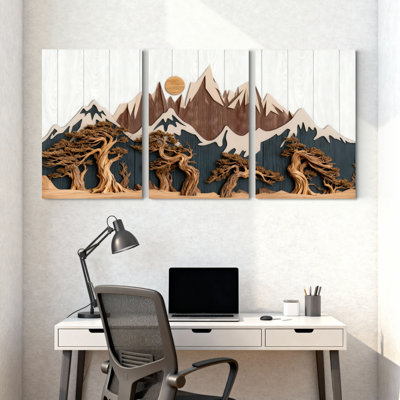 Paysage de montagne avec arbres et soleil, reproduction d'art sur toile tendue sur toile, ensemble de 3