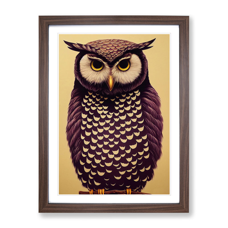 Perched Owl - Wall Art, Walnut Picture Frame, White, 34cm H x 25cm W