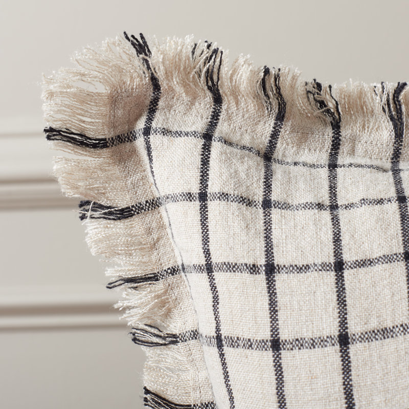 Natural and Black Fringed Linen 20" Square Throw Pillow