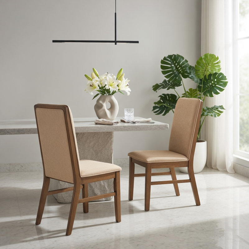  Ensemble de 2 chaises de salle à manger rembourrées modernes avec pieds en bois d'hévéa massif, tissu en lin, sièges confortables à haut dossier pour la salle à manger, la cuisine et la chambre à coucher, kaki clair