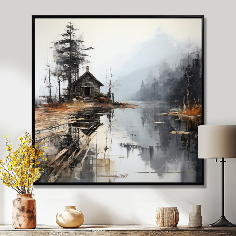 Art sur toile, «Moody Lakehouse Overcast I», Cadre flottant noir, 44" H x 44" W