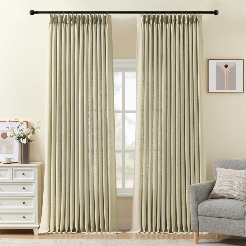 YZ Home Pinch Pleated Linen Curtains 2 Panels Set, Light Filtering Linen Blend Sheer Drapes Memory Trained Pleated Curtain Back Tab with Hooks Rings for Living Room Bedroom