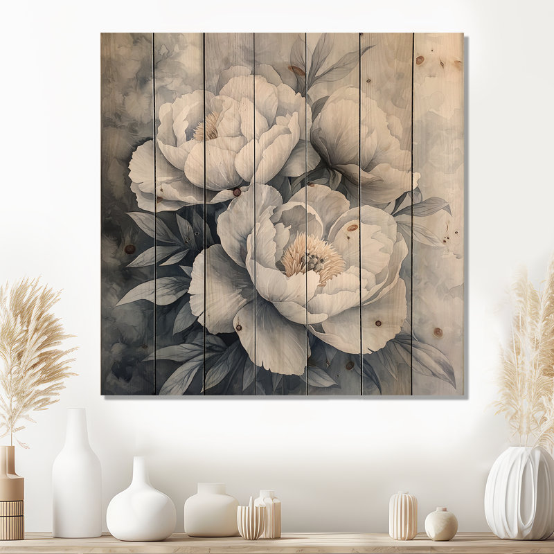 Frosted Monochrome Peonies Bloom III - Peonies Wood Print - On Natural Pine Wood, 36" H x 36" W x 0.78" D