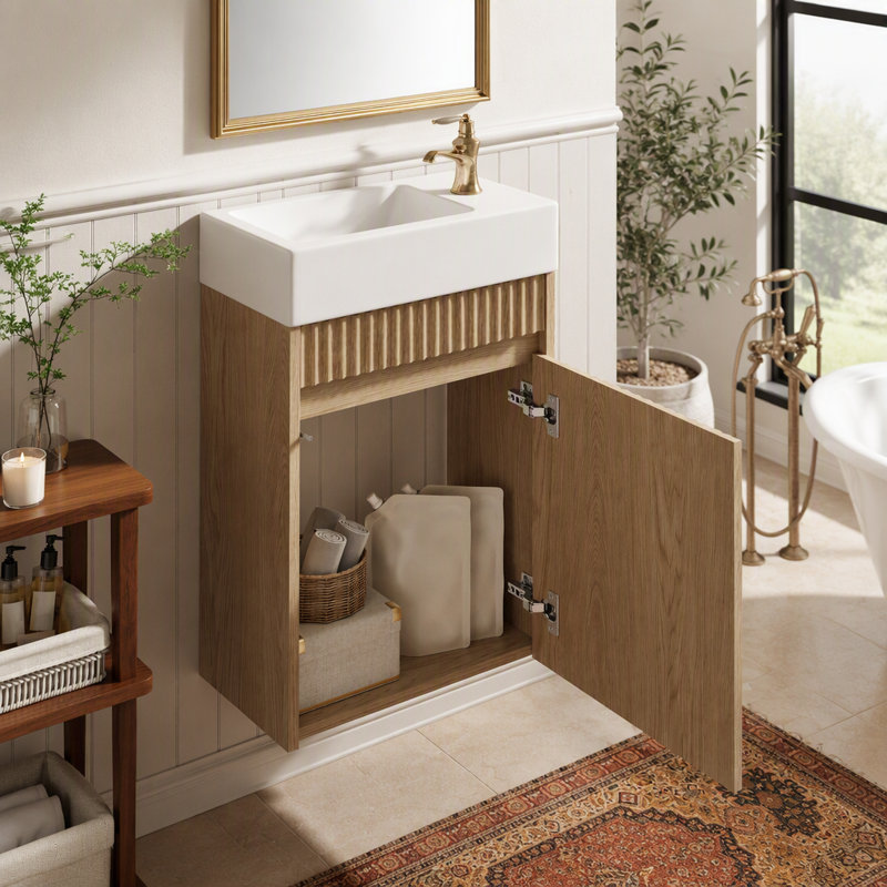 [Viedo] Meuble-lavabo flottant de 15,7 po avec lavabo SMC réversible, armoire en panneau de fibres à densité moyenne à devant ondulé, conception sans poignée à ouverture par pression, charnières à fermeture en douceur