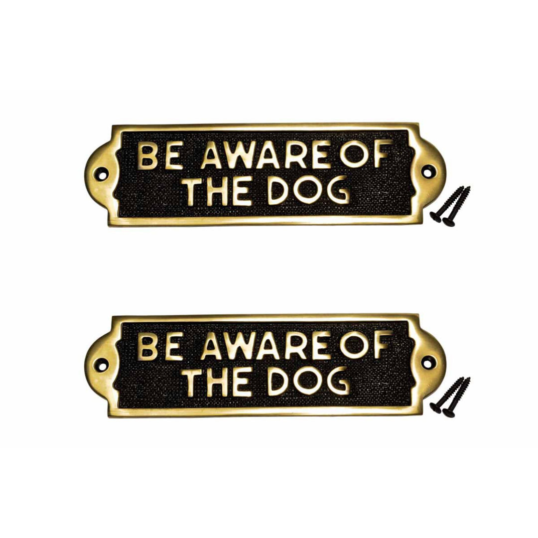 Plaques Dog Sign Be Aware Of The Dog Polished Brass Plate (Set of 2) The Renovators Supply Inc.