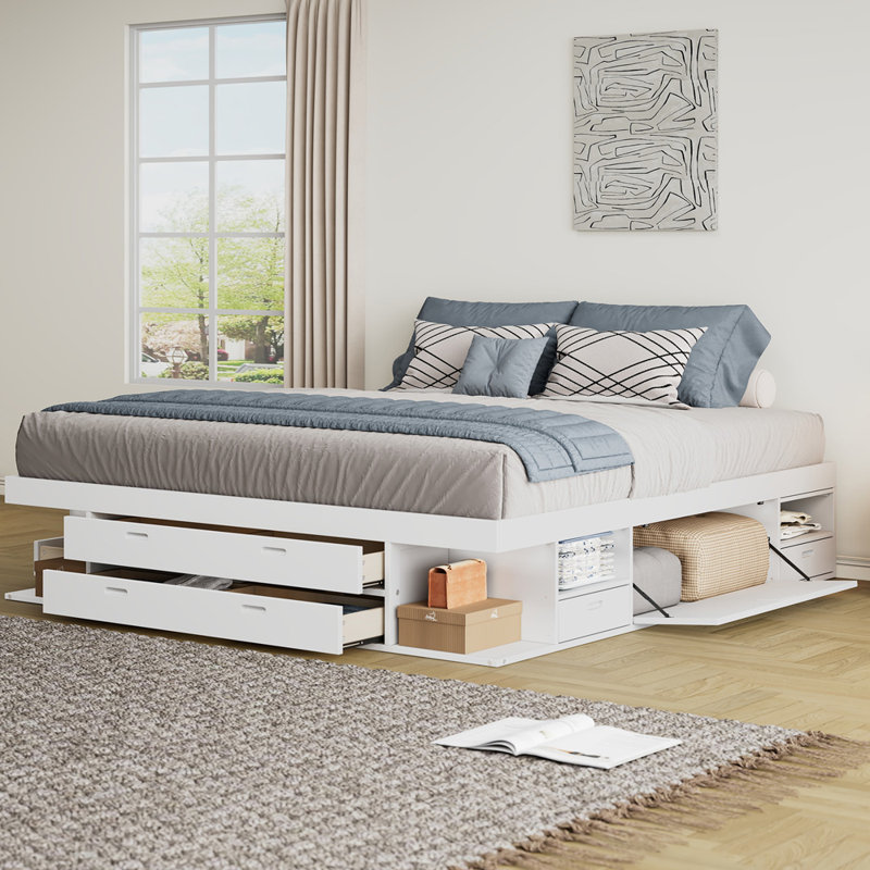 Base de lit plateforme de rangement avec plusieurs tiroirs et tablettes, Blanc, Très grand