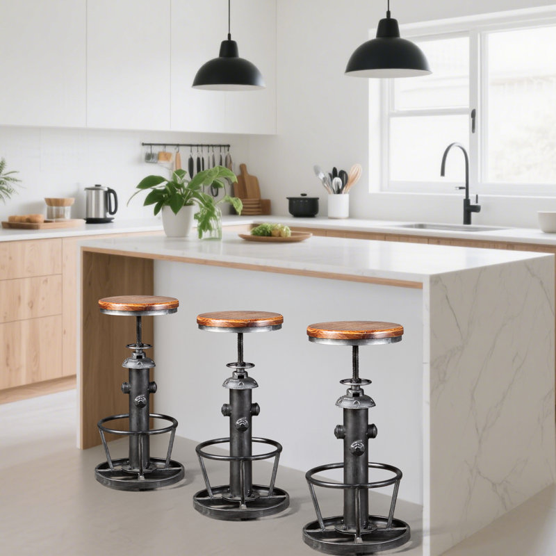 Set Of 3 Antique Industrial Round Bottom Adjustable Height Cafe Coffee Retro Vintage Stylish Water Pipe Design Pub Kitchen Bar Stool