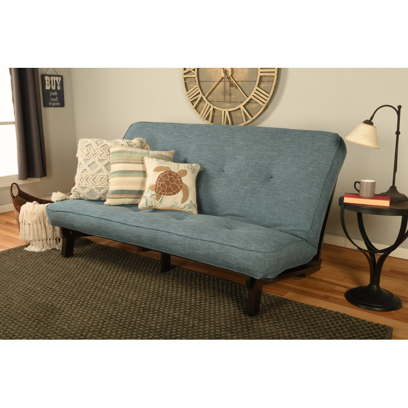 Higden Full 75" Wide Carson Java Futon with Mattress, Linen Aqua Polyester