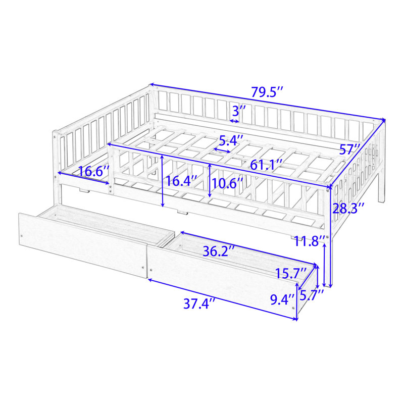 Wood Daybed with Two Drawers and Slats, Full, White