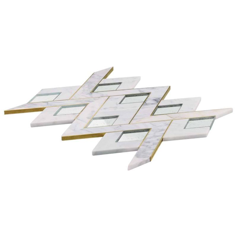 Zeta Polished Marble, Antique Mirror And Brass Waterjet Mosaic Tile, Mirror Silver