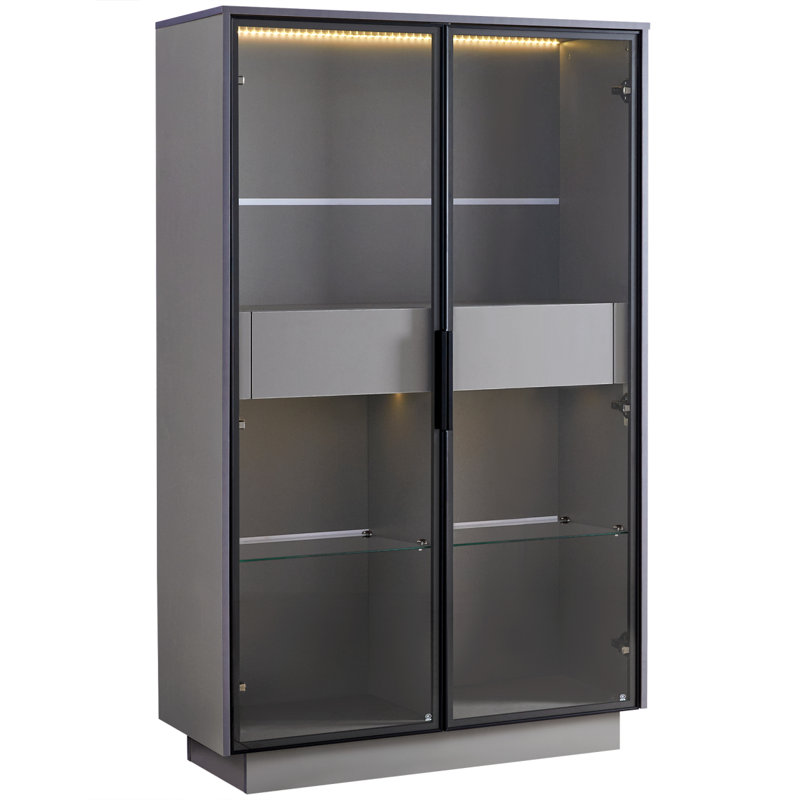 60.6'' Freestanding Display Cabinet With 2 Storage Drawers, Pantry With Glass Doors & LED Lighting, Modern China Cabinet With Adjustable Shelves For Hallways, Kitchen, Livingroom & Office - Grey