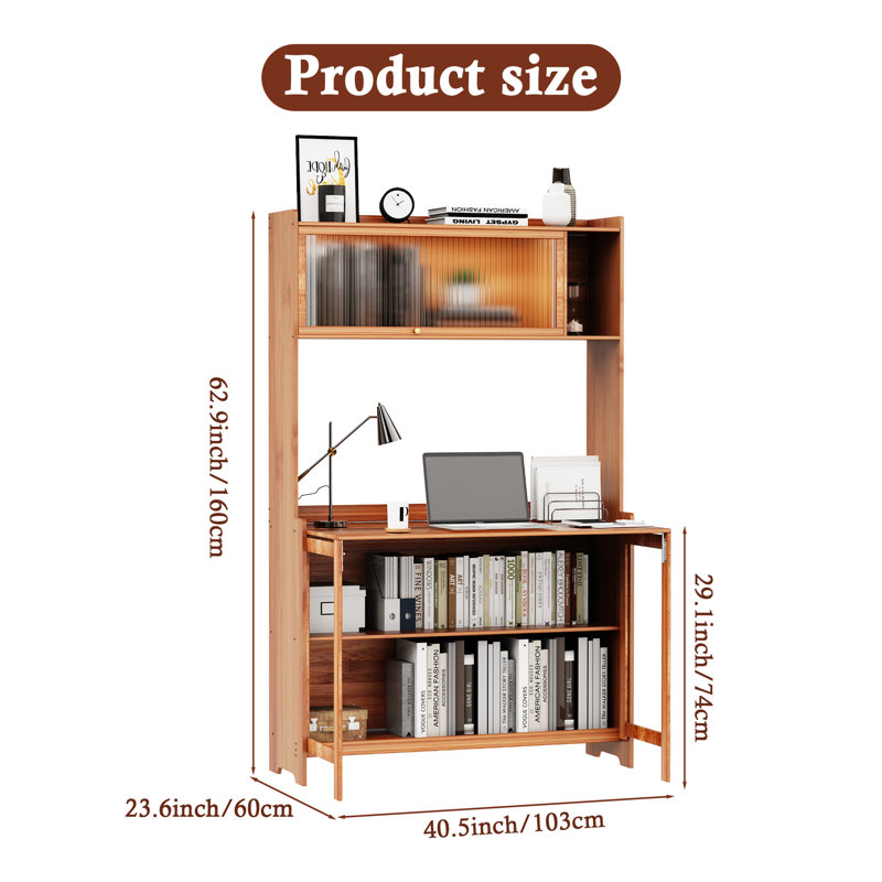 Writing Desk with Hutch Bookshelf, Foldable Bamboo Computer Desk with Storage Shelves for Home Office, Brown