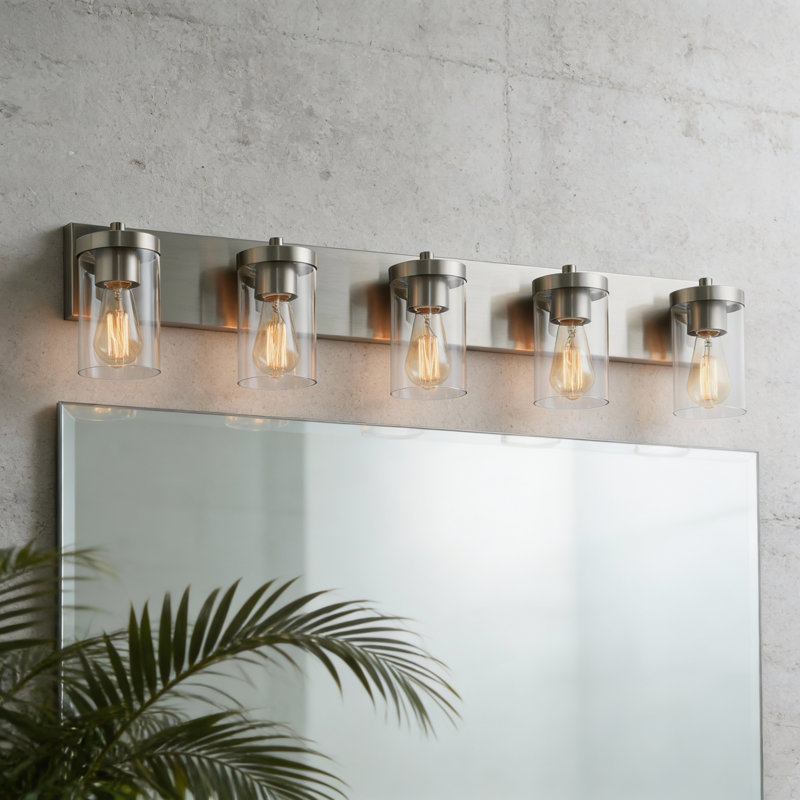 Luminaire de meuble-lavabo 3 lumières Cleofas avec abat-jour en verre transparent, Nickel brossé, 5 lumières