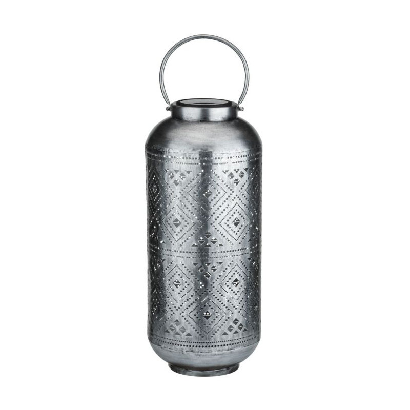 25" Metal Cylinder Shadow Solar Lantern with Decorative Perforated Floral Pattern and Top Handle - Bronze, Silver