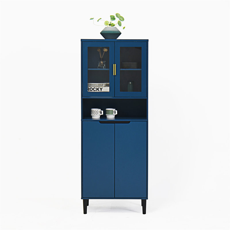 Tall Blue Lockable Bathroom Storage Cabinet with Glass Doors