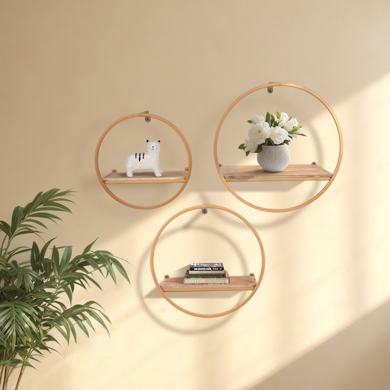 Decorative Round Metal Hanging Wall Shelf Sculpture for Home Decor - Modern Wall Art Accent for Office and Living Room - Set of 3, 16", 14", 12", Bronze